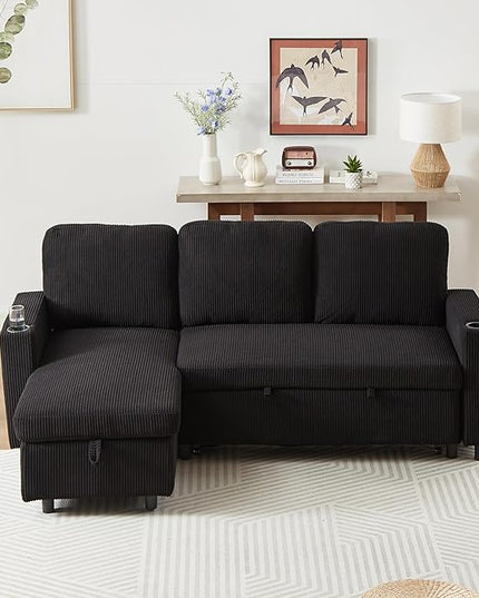 3 Seater Reversible Sleeper Sectional Sofa Bed with Storage Chaise Lounge and Cupholders, Corduroy Upholstered Convertible Sofabed Corner Couch,L Shaped Sofá for Living Room Office, Black 78.5" - LeafyLoom