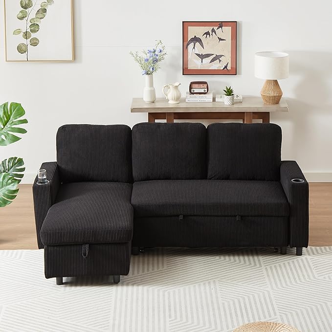 3 Seater Reversible Sleeper Sectional Sofa Bed with Storage Chaise Lounge and Cupholders, Corduroy Upholstered Convertible Sofabed Corner Couch,L Shaped Sofá for Living Room Office, Black 78.5" - LeafyLoom