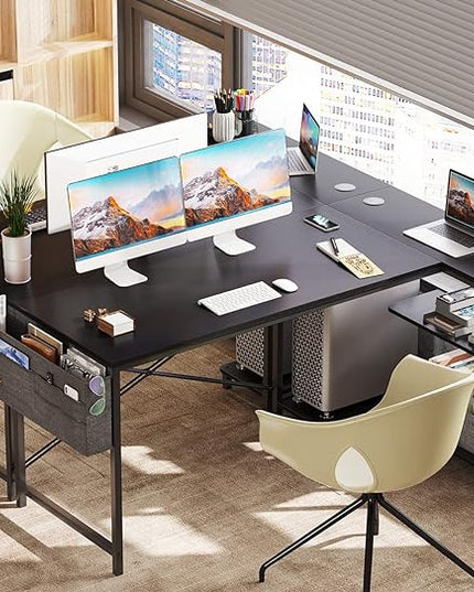 ODK 55 Inch Small L Shaped Computer Desk with Power Outlets, Corner Desk with PC Stand & Reversible Storage Shelves for Small Space Home Office Workstation, Modern Simple Writing Study Table, Black - LeafyLoom