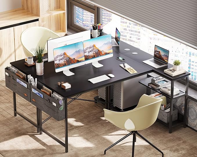 ODK 55 Inch Small L Shaped Computer Desk with Power Outlets, Corner Desk with PC Stand & Reversible Storage Shelves for Small Space Home Office Workstation, Modern Simple Writing Study Table, Black - LeafyLoom