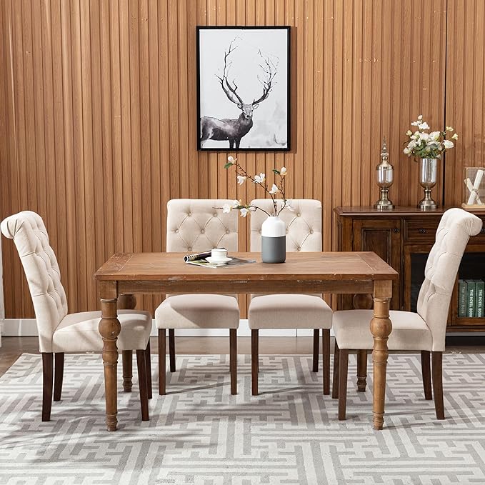 COLAMY Tufted Dining Room Chairs Set of 4, Parsons Diner Chairs Upholstered Fabric Side Kitchen Chairs with Solid Wood Legs and Padded Seat - Beige - LeafyLoom