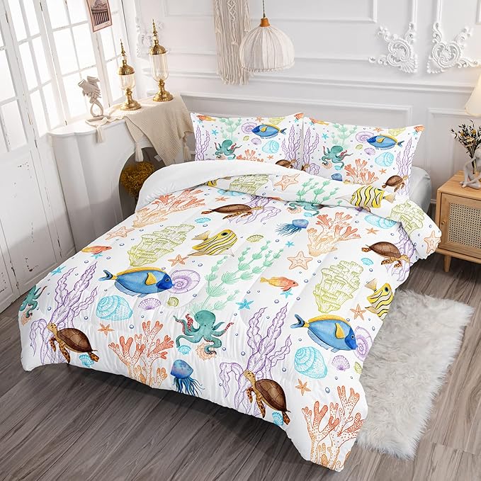 Turtle Comforter Set Queen Ocean Watercolor Sea Turtle Bedding Set Tropical Fish Marine Life Bed Set with 2 Pillowcases for Kids Room Decor - LeafyLoom