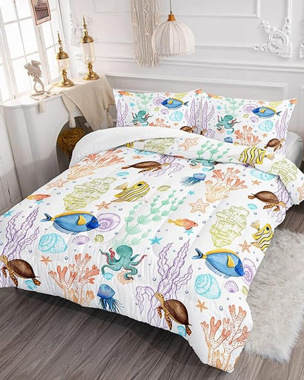 Turtle Comforter Set Twin Ocean Watercolor Sea Turtle Bedding Set Tropical Fish Marine Life Bed Set with 2 Pillowcases for Kids Room Decor - LeafyLoom