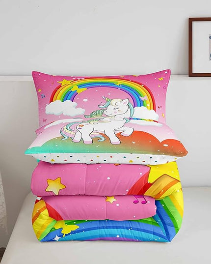Girls Unicorn Comforter Set Full Size Kawaii Cute Unicorn Bedding Sets Ombre Starry Sky Down Comforter Cartoon Horse Quilt Colorful Rainbow Butterfly Reversible Comforters & Sets Bedroom Decor,3Pcs - LeafyLoom