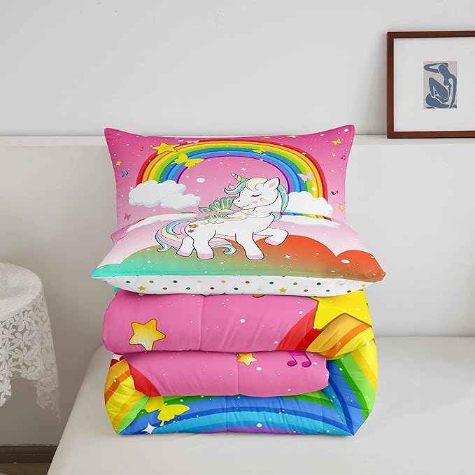 Unicorn Bedding Twin For Girls Kawaii Rainbow Unicorn Quilt Kids Galaxy Stars Comforter Set White Horse Floral Duvet Insert Fantasy Girls Room Decor Children Unicorn Reversible Pink With 1 Pillowcase - LeafyLoom