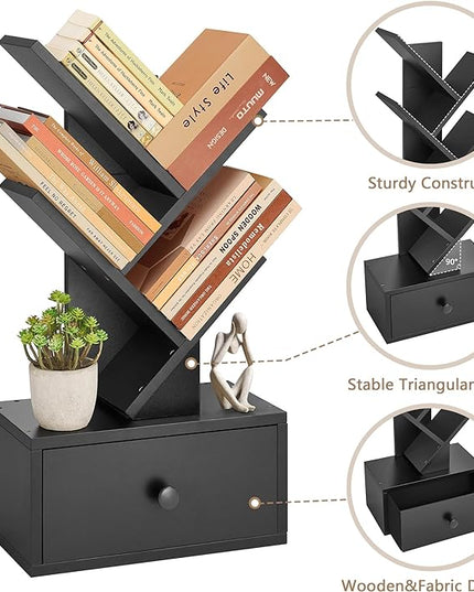 4 Tier Tree Bookshelf with Drawer, Small Tree Bookcase, Modern Table Top Book Shelf Organizer Shelves for Living Room, Bedroom, Home Office, Black - LeafyLoom