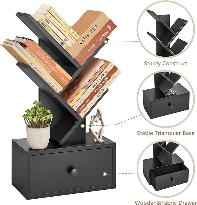 4 Tier Tree Bookshelf with Drawer, Small Tree Bookcase, Modern Table Top Book Shelf Organizer Shelves for Living Room, Bedroom, Home Office, Black - LeafyLoom