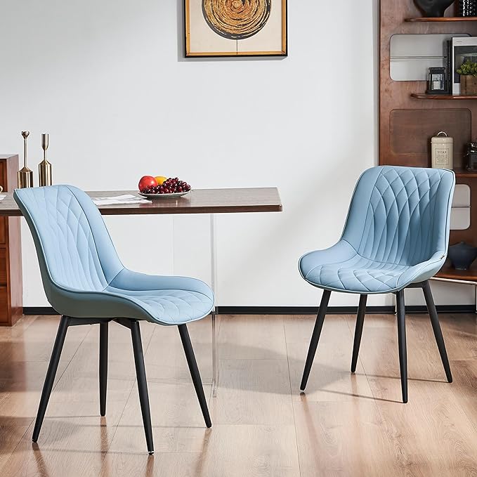 YOUNIKE Blue Dining Chairs set of 2 with High Backs Mid Century Modern Kitchen & Dining Room Chairs PU Faux Leather Upholstered sillas de comedor Comfortable Large Padded Accent Chairs with Metal Legs - LeafyLoom