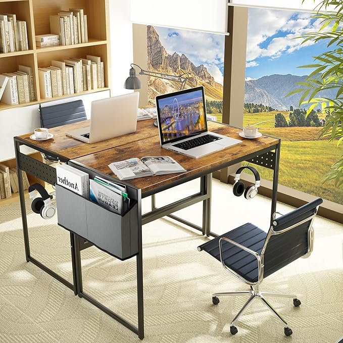 DKLGG Computer Desk 39" Home Office Desk Laptop Study Table Workstation with A Storage Bag and Headphone Hook Retro Industrial Design Small Computer Desk for Teens, Brown - LeafyLoom