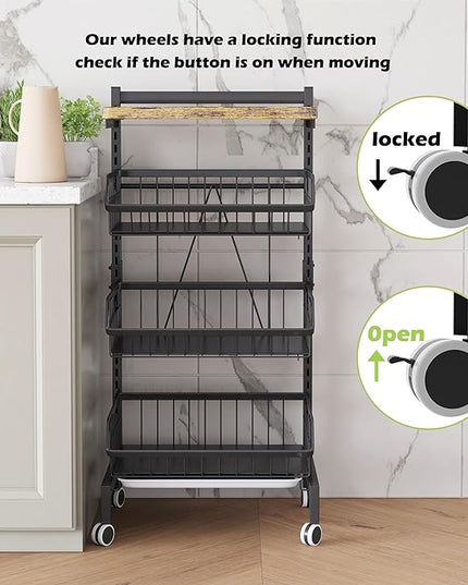 COVAODQ Fruit Basket 4-Tier Adjustable Fruit Vegetable Basket Cart Metal Wire Storage Cart Rolling Pantry Utility Kitchen Cart - LeafyLoom