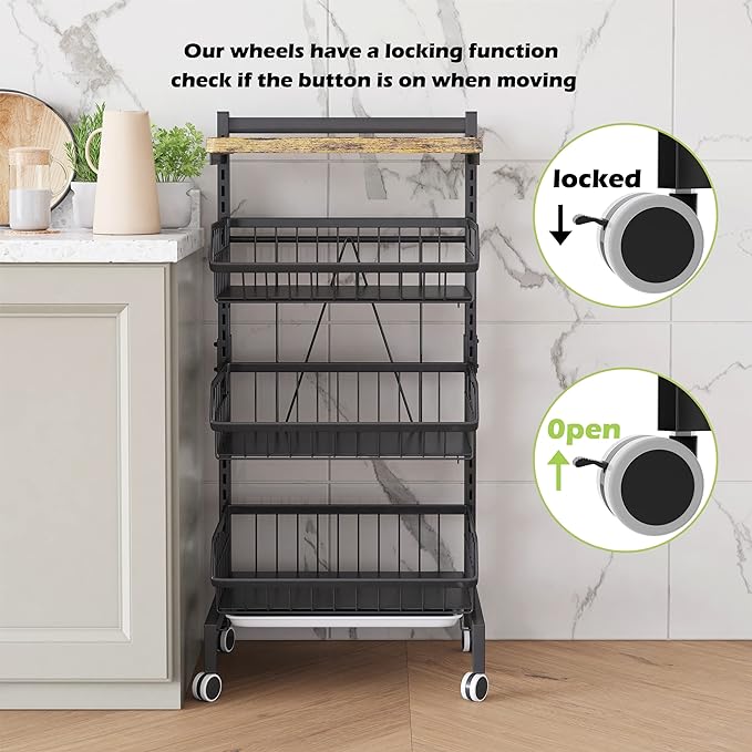 COVAODQ Fruit Basket 4-Tier Adjustable Fruit Vegetable Basket Cart Metal Wire Storage Cart Rolling Pantry Utility Kitchen Cart - LeafyLoom