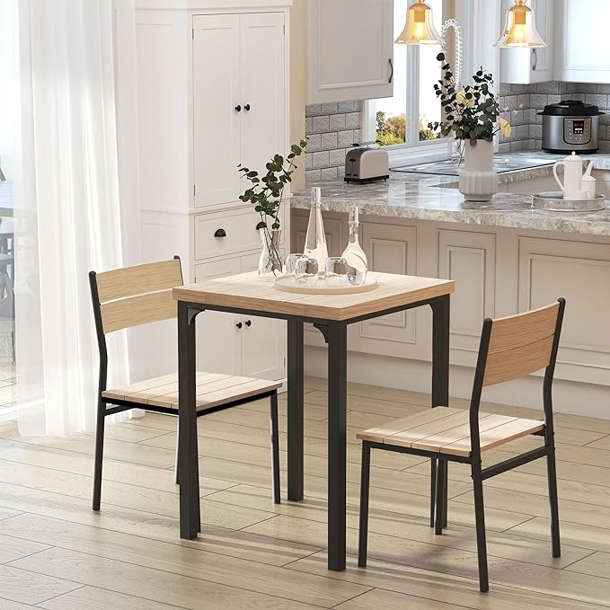 HOMCOM 3 Piece Dining Table Set for 2, Modern Kitchen Table and Chairs, Dining Room Set for Breakfast Nook, Small Space, Apartment, Space Saving, Light Wood Grain - LeafyLoom