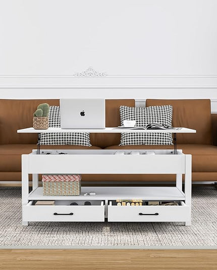 Panana Coffee Table, Lift Top Coffee Table with Hidden Compartment, 2 Drawers and 1 Open Shelf, Retro Central Wooden Table Lift Tabletop for Living Room (White) - LeafyLoom