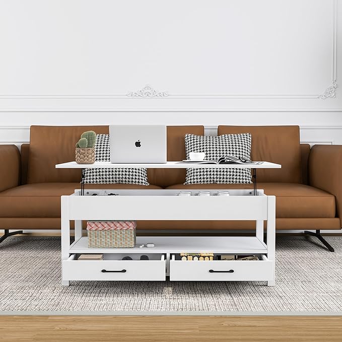 Panana Coffee Table, Lift Top Coffee Table with Hidden Compartment, 2 Drawers and 1 Open Shelf, Retro Central Wooden Table Lift Tabletop for Living Room (White) - LeafyLoom