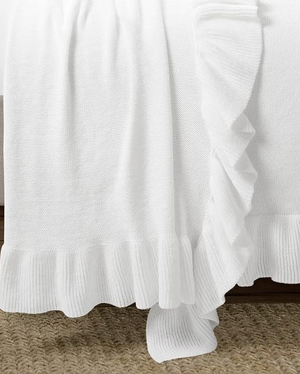 Lush Decor Reyna Soft Knitted Ruffle Throw Blanket, 104" W x 88" L, White - Classic Ruffled Bedding - Knit Blanket - Cozy Oversized Blanket For Bed or Couch - Vintage, Minimalist & Cottage Home Decor - LeafyLoom