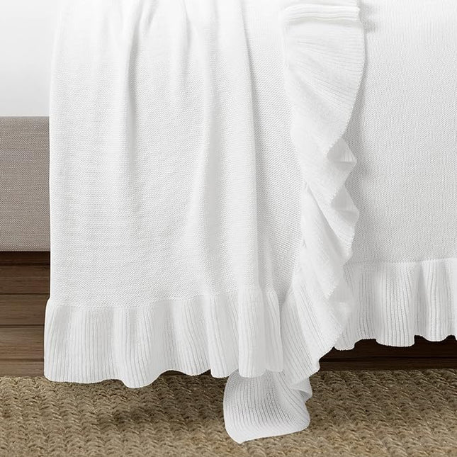 Lush Decor Reyna Soft Knitted Ruffle Throw Blanket, 104" W x 88" L, White - Classic Ruffled Bedding - Knit Blanket - Cozy Oversized Blanket For Bed or Couch - Vintage, Minimalist & Cottage Home Decor - LeafyLoom