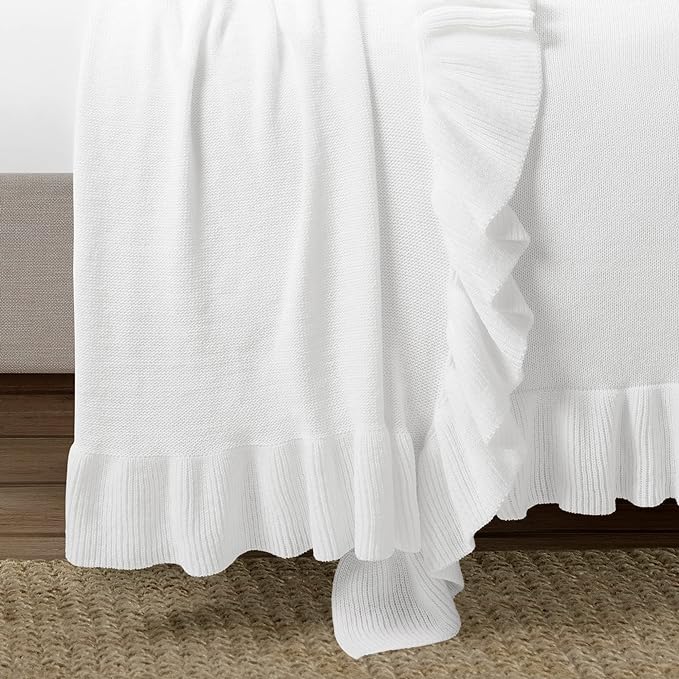 Lush Decor Reyna Soft Knitted Ruffle Throw Blanket, 104" W x 88" L, White - Classic Ruffled Bedding - Knit Blanket - Cozy Oversized Blanket For Bed or Couch - Vintage, Minimalist & Cottage Home Decor - LeafyLoom