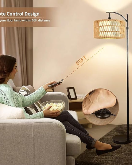 Floor Lamp for Living Room Bedroom with Remote Boho Rattan Arc Standing Lamp Dimmable Black Farmhouse Wicker Bamboo Lamp Shade Floor Light Adjustable Tall Lamp Industrial Floor Lamps Bohemian - LeafyLoom