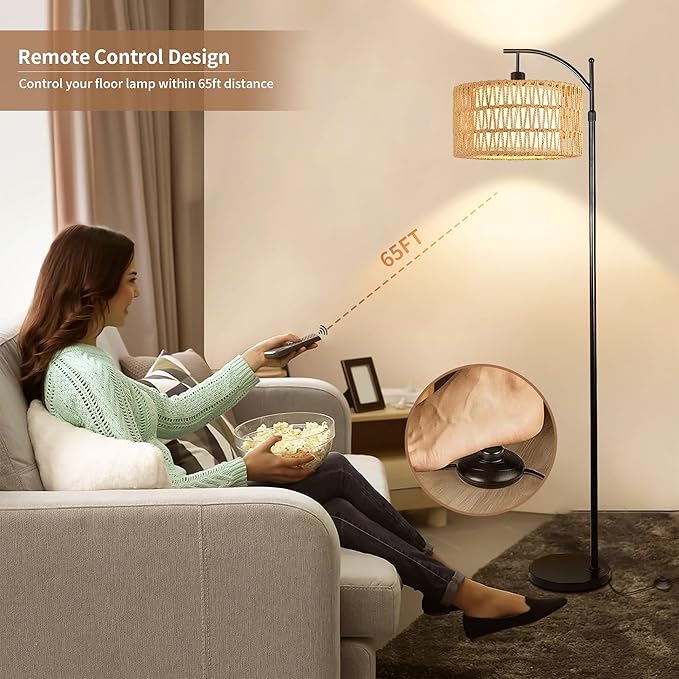 Floor Lamp for Living Room Bedroom with Remote Boho Rattan Arc Standing Lamp Dimmable Black Farmhouse Wicker Bamboo Lamp Shade Floor Light Adjustable Tall Lamp Industrial Floor Lamps Bohemian - LeafyLoom