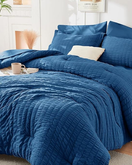 HYMOKEGE Seersucker Comforter Set Full Size 3 Pieces, Lightweight Comforter Sets for Bedding, Bed Set with 1 All Season Soft Down Alternative Comforter and 2 Pillow Shams, Teal - LeafyLoom