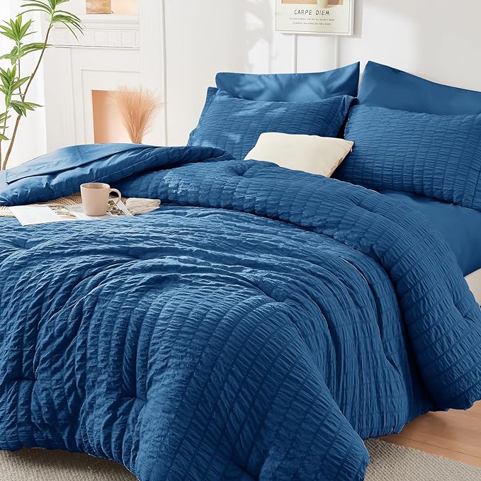 HYMOKEGE Seersucker Comforter Set Full Size 3 Pieces, Lightweight Comforter Sets for Bedding, Bed Set with 1 All Season Soft Down Alternative Comforter and 2 Pillow Shams, Teal - LeafyLoom