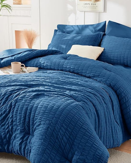 HYMOKEGE Seersucker Queen Comforter Set 3 Pieces, Lightweight Comforter Sets for Bedding, Bed Set with 1 All Season Soft Down Alternative Comforter and 2 Pillow Shams, Teal - LeafyLoom