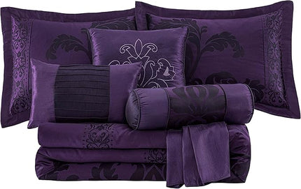 Chezmoi Collection 7-Piece Jacquard Floral Comforter Set (King, Purple/Dark Purple) - LeafyLoom