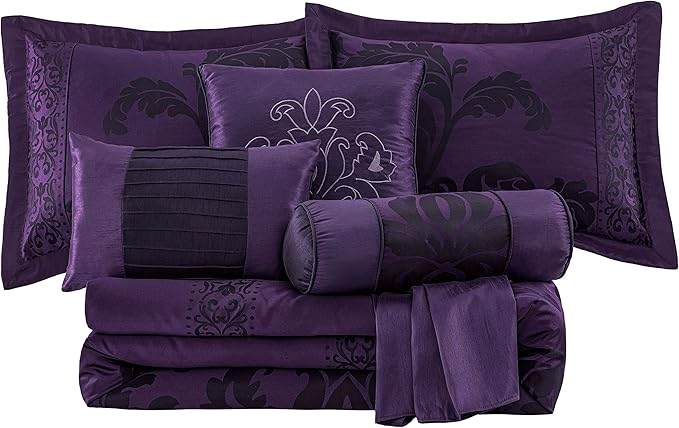 Chezmoi Collection 7-Piece Jacquard Floral Comforter Set (Queen, Purple/Dark Purple) - LeafyLoom