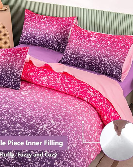 PERFEMET Purple Glitter Comforter Set Twin Size 6 Pieces Bed in A Bag for Teen Girls 3D Colorful Rainbow Bedding Comforter Sheet Set Ultra Soft Galaxy Quilted Duvet - LeafyLoom