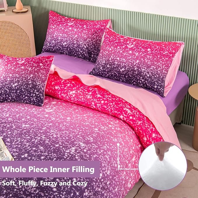PERFEMET Purple Comforter Set Full Size - 6Pcs Colorful Rainbow Girls Bedding Set - Sparkly Pastel Ombre Bed in A Bag - (1 Comforter, 1 Flat Sheet, 1 Fitted Sheet, 2 Pillowcases, 1 Cushion Cover) - LeafyLoom