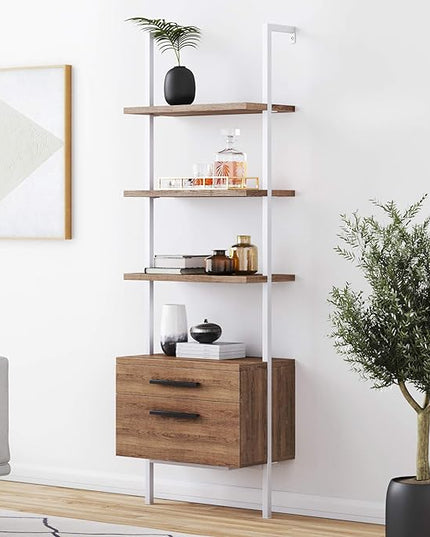 Nathan James Theo Industrial Bookshelf with Wood Drawers and Matte Steel Frame, 3-Shelf, Oak/White - LeafyLoom
