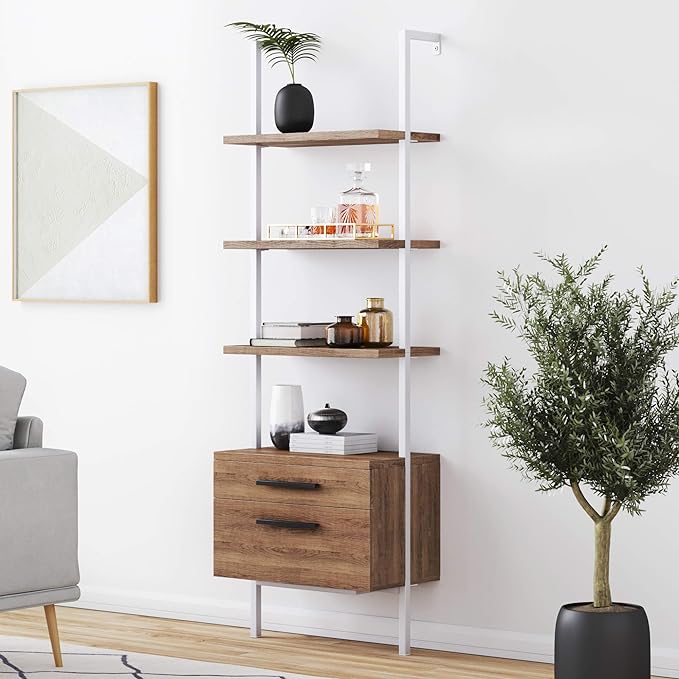 Nathan James Theo Industrial Bookshelf with Wood Drawers and Matte Steel Frame, 3-Shelf, Oak/White - LeafyLoom