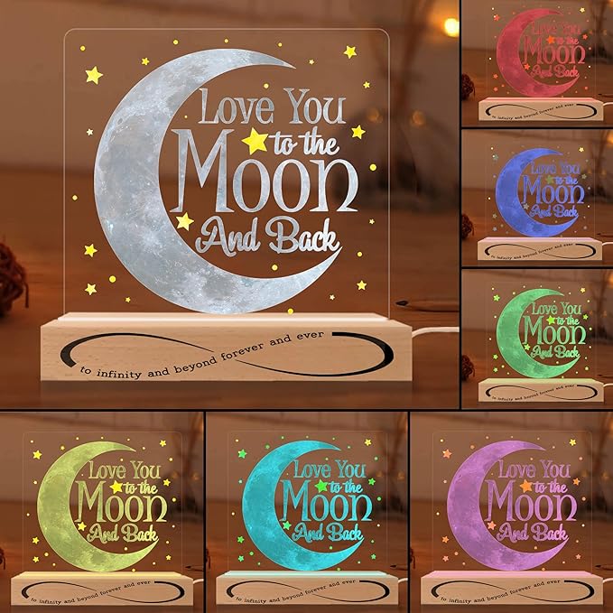Romantic Valentines Gifts, Love You Moon and Back Infinity & Beyond 3D Illusion Lamp USB Powered Acrylic Night Light for Girlfriend Boyfriend Him Her Husband Wife on Birthday Anniversary - LeafyLoom