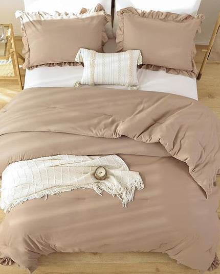 JANZAA Queen Ruffled Comforter Set 3PCS (1 Taupe Comforter Set and 2 Pillowcases) Vintage Farmhouse Shabby Chic Bedding Soft Fluffy Comforter Set All Season - LeafyLoom