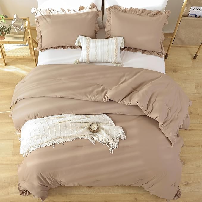 JANZAA Queen Ruffled Comforter Set 3PCS (1 Taupe Comforter Set and 2 Pillowcases) Vintage Farmhouse Shabby Chic Bedding Soft Fluffy Comforter Set All Season - LeafyLoom
