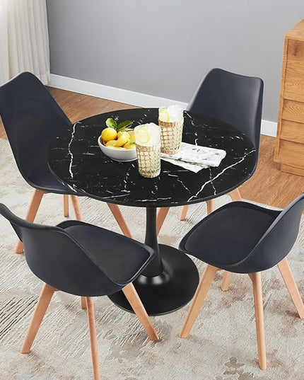 Round Dining Table Black Faux Marble Kitchen Dining Table 31.5" Modern Mid-Century Leisure Tulip Table with Pedestal Base for Dining Room 2 to 4 Person - LeafyLoom