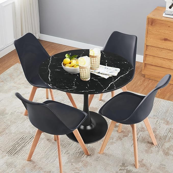 Round Dining Table Black Faux Marble Kitchen Dining Table 31.5" Modern Mid-Century Leisure Tulip Table with Pedestal Base for Dining Room 2 to 4 Person - LeafyLoom