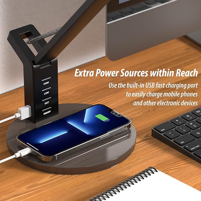 LED Desk Lamp with USB Charging Port, Home Office Desk Lamp Touch Control Dimmable Table Lamp with 3 Color Modes, Eye Caring LED Lamp for Study, Reading, Work (Copper) - LeafyLoom
