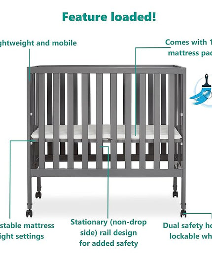 Jett Non-Full Size Folding Convertible Crib, Lightweight Portable Crib, Three Adjustable Mattress Height Settings, Easy to Fold Travel Crib, 1.5” Mattress Pad Included - LeafyLoom