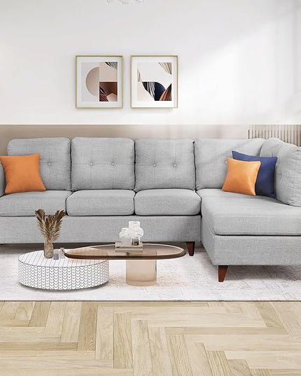 Modern Linen Fabric Sofa with Chaise Lounge, L-Shape Couch with one Lumbar Pad, Comfy Button Tufted Backrest, 4 Seat Corner Sectional Set for Living Room Furniture Office, 97.2", Grey-L - LeafyLoom