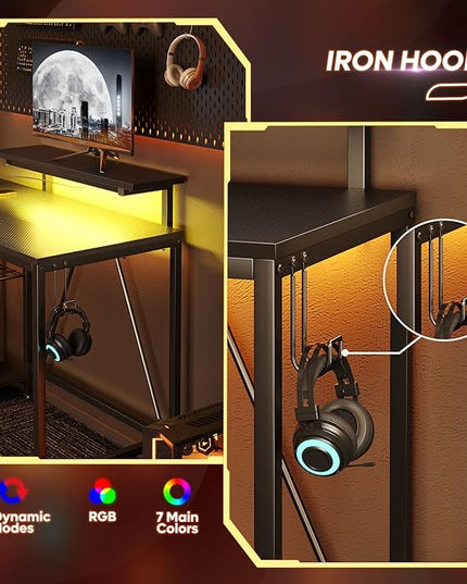 Bestier Small Gaming Desk with Power Outlets,42 L Shaped LED Computer Desk with Stand Reversible Shelves,Corner Gamer Desk with Headset Hooks USB Charging Port,Carbon Fiber Black - LeafyLoom