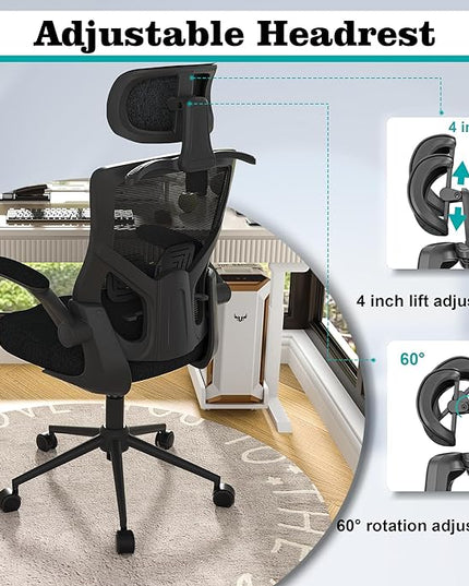 Ergonomic Office Chair, High Back Mesh Desk Chair with Thick Molded Foam Cushion, Coat Hanger, Adjustable Headrest, Lumbar Support, Tilt & Lock Function - Task Chair (All Black) - LeafyLoom