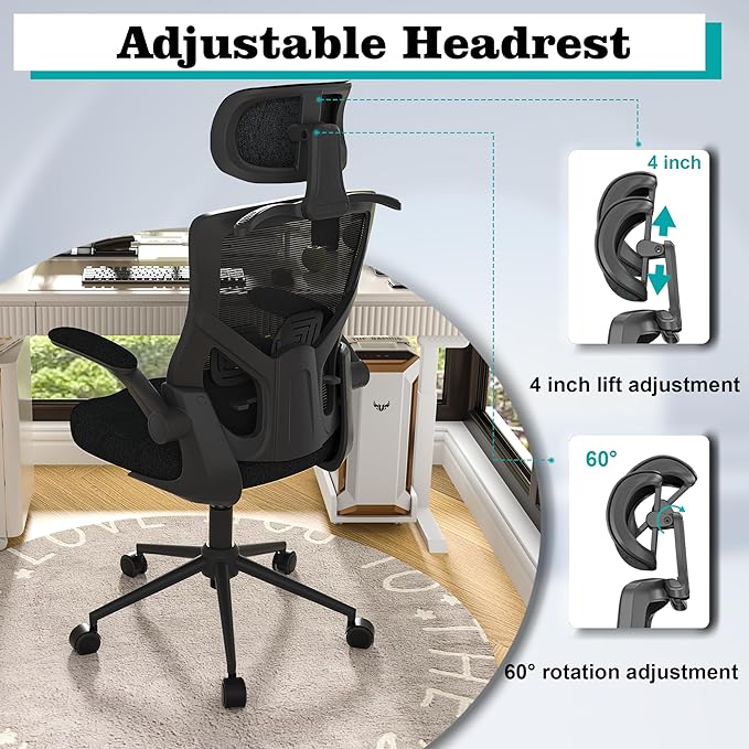 Ergonomic Office Chair, High Back Mesh Desk Chair with Thick Molded Foam Cushion, Coat Hanger, Adjustable Headrest, Lumbar Support, Tilt & Lock Function - Task Chair (All Black) - LeafyLoom