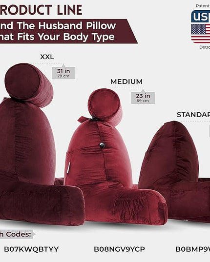 Husband Pillow XXL Aspen Edition, Adult Reading Sit Up Bed Rest Pillow for Bed with Arms & Neck Roll on Bungee Cord, Premium Memory Foam, Reversible 2 Sided Cover Micro Suede or Plush, Arizona Maroon - LeafyLoom