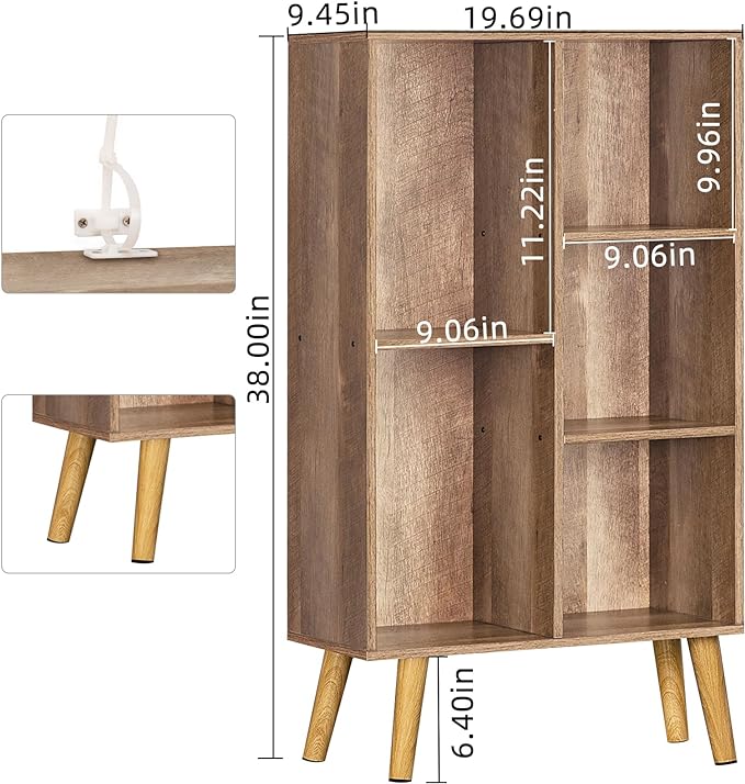5 Cube Small Bookshelf,3 Tier Mid-Century Modern Bookcase with Legs,Wood Kids Bookshelves Storage Organizer Shelf,Free Standing Narrow Book Shelves,Oak Grey Corner Bookcases for Bedroom,Living Room - LeafyLoom