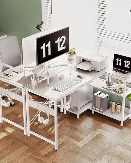 ODK 47 Inch Small L Shaped Computer Desk with Reversible Storage Shelves, L-shaped Corner Desk with Monitor Stand for Small Space, Modern Simple Writing Table for Home Office Workstation, White - LeafyLoom