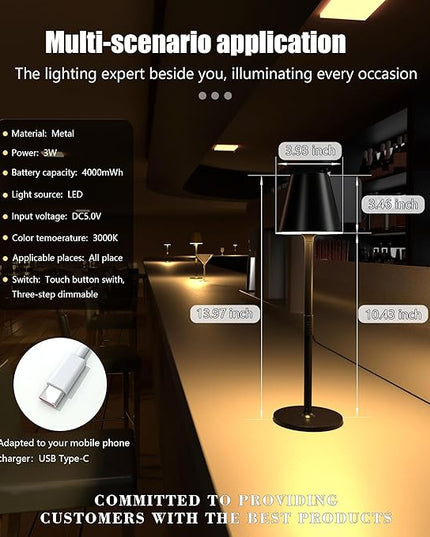 2 Pack LED CordlessTable Lamp,4000mAh Rechargeable Battery Desk lamp,3 Level Brightness Night Light,Minimalist Design, for Couple Dinner/Coffee Table/Restaurant/Bedroom(Black 2pack) - LeafyLoom