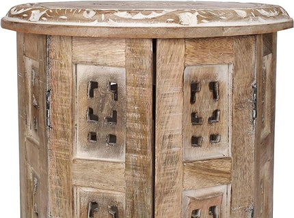 Round Side Table,Small Table, Round End Table,Side Table, Side Tables Living Room, Altar Table, Carved Side Table,Wood Accent Table,Carved Wood Table 12" Round Top x 12" High White Wash - LeafyLoom