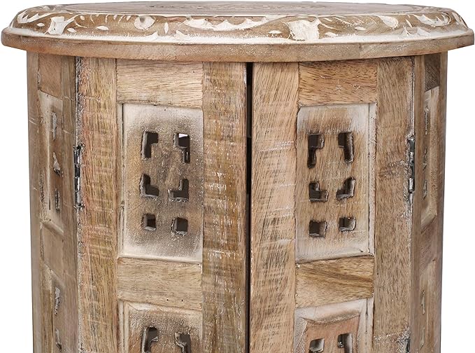 Round Side Table,Small Table, Round End Table,Side Table, Side Tables Living Room, Altar Table, Carved Side Table,Wood Accent Table,Carved Wood Table 12" Round Top x 12" High White Wash - LeafyLoom