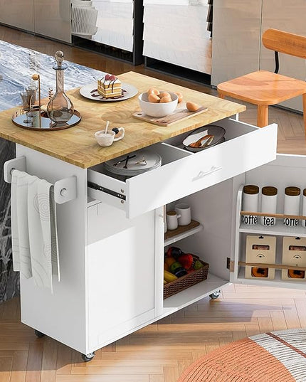 RITSU 39" Rolling Kitchen Island Cart, Indoor Bar Storage Cabinet Organizer with Divider Internal Cabinet Rack, Portable Movable Table w/Adjustable Shelf Towel Rack, for Dining Room, White - LeafyLoom